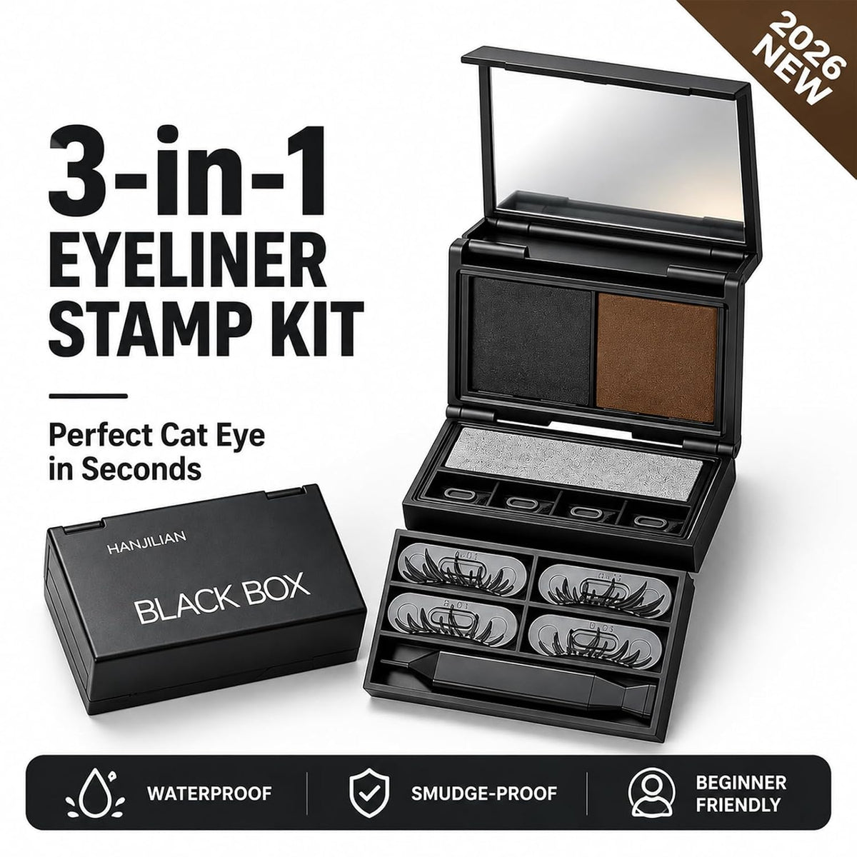 3-in-1 Eye Stamp Kit,Lower Lash & Eyeliner & Mole Mark, Black & Brown Ink