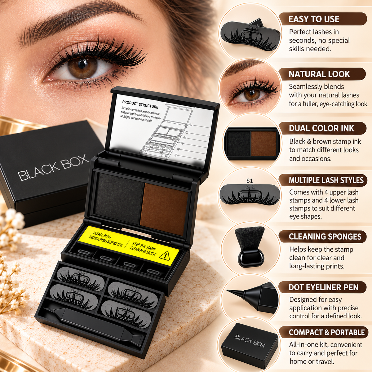 3-in-1 Eye Stamp Kit，Lower Lash & Eyeliner & Mole Mark, Black & Brown Ink
